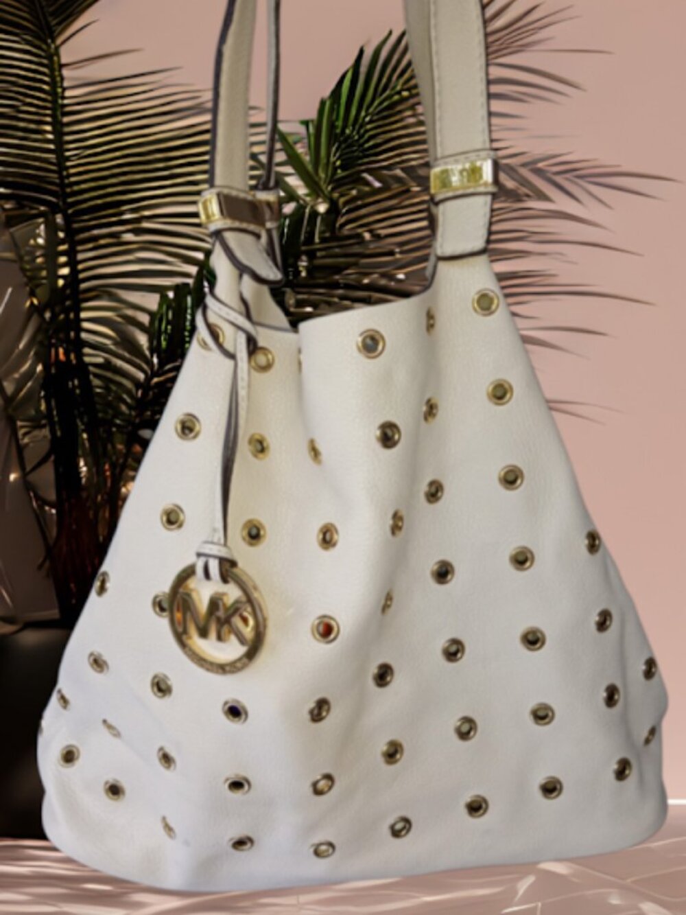 Michael Kors Eyelet Leather Shoulder Bag Off White